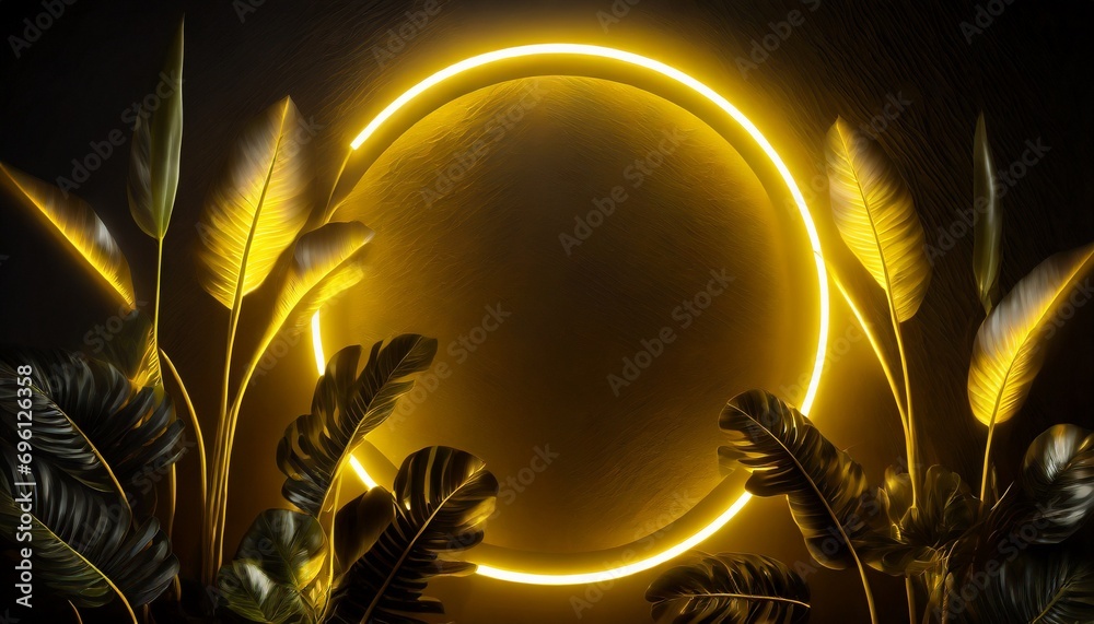 Obraz premium Leaves plant wall and neon light template. Yellow circle neon light with tropical leaves.