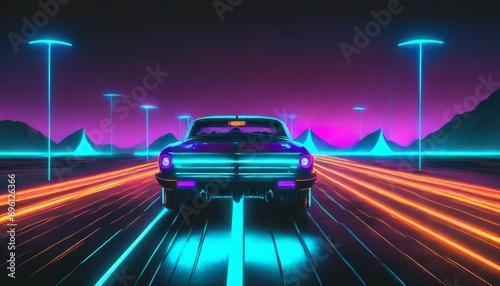 Retro futuristic 80s design. Car on a road, metaverse cyberpunk