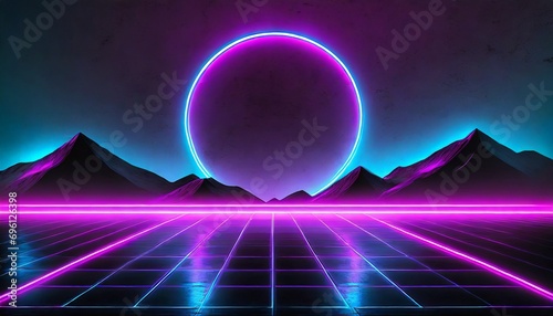 Synthwave retro background with glowing neon lights 