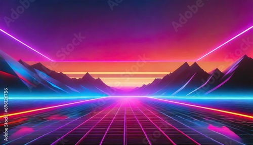 Synthwave retro cyberpunk style landscape background banner or wallpaper
