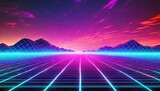 Synthwave retro cyberpunk style landscape background banner or wallpaper.