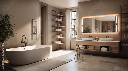 modern bathroom interior with bathtub and mirror
