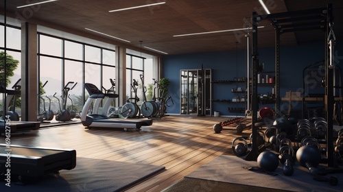 gym with dumbbells' and fitness equipment