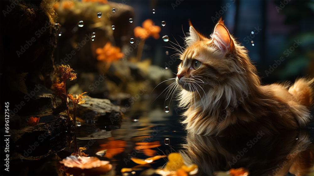 a red cat walks through the water of a pond under drops of water falling from the leaves of a tree after the rain. 