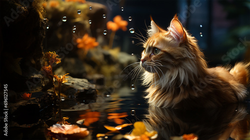 a red cat walks through the water of a pond under drops of water falling from the leaves of a tree after the rain.  © Margo_Alexa