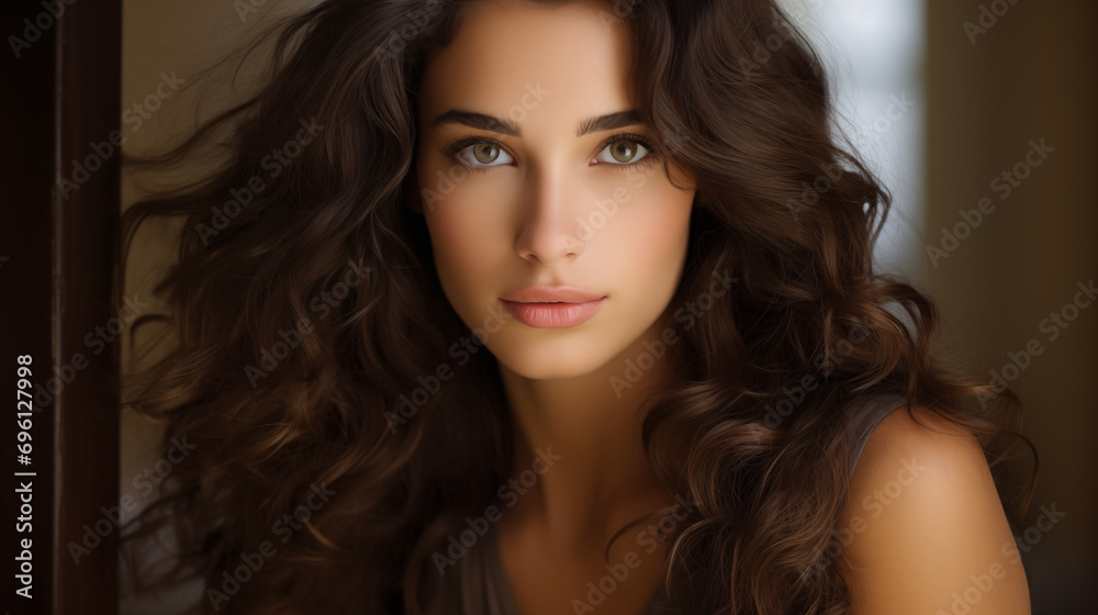 A captivating close-up portrait of a woman with voluminous, curly brunette hair and enchanting green eyes A captivating close-up portrait of a woman with voluminous, curly brunette hair and enchanting green eyes