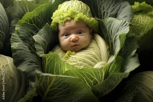Newborn baby in cabbage. Baby standing in green cabbage in the garden