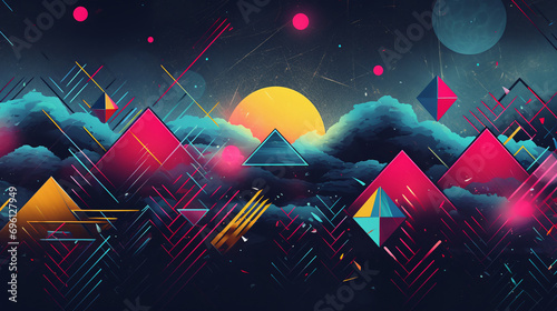 Futuristic background with geometric shapes and sun. 90s