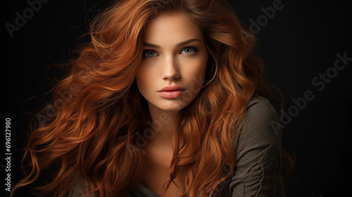 Close-up portrait of a captivating woman with voluminous red hair and a mysterious gaze, set against a dark background