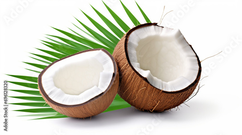 Fresh raw coconut with palm leaves isolated on white background. generative ai