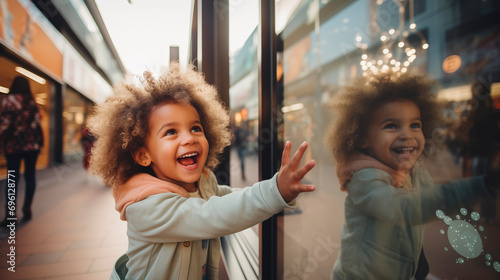 A happy little girl with afro hair in a shop window shopping and picking out gifts childhood Children s Day