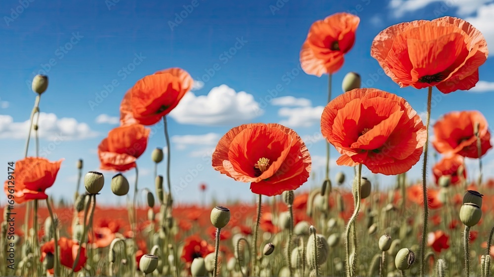 Obraz premium Poppy field, poppies, flowers, landscape, sun, cloud,