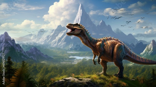 A dinosaur is standing on a hill in front of mountains. Generative AI. © Nikolay