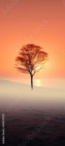 A lone tree stands in the middle of a foggy field. Generative AI. © Nikolay