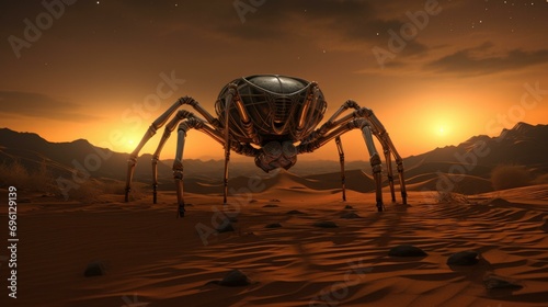 A spider in the desert with a sunset in the background. Generative AI. © Nikolay