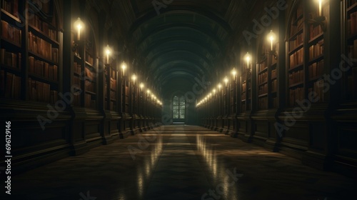 A long hallway with many bookshelves and lights. Generative AI.