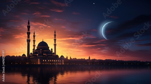 Mosque sunset sky  moon  holy night  islamic night and silhouette mosque  panaromic islamic wallpaper