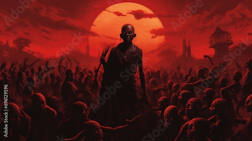 The African dead rise from their graves as all manner of African demons advance towards battle, a horde of African vampires soars overhead, the crimson moon casting a hellish red hue on the earth. photo