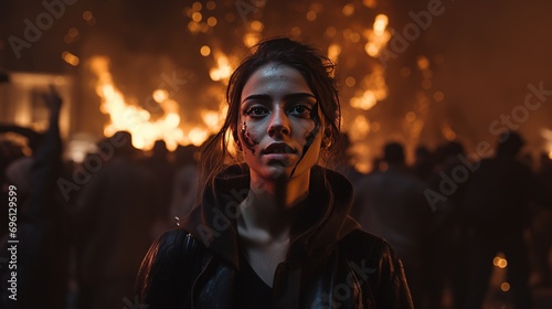 Iranian Girl in Chaotic Tehran Protest: Dark Aesthetic, Intense Expression, Night Sky Illuminated by Flames. Surreal and Stunning Scene