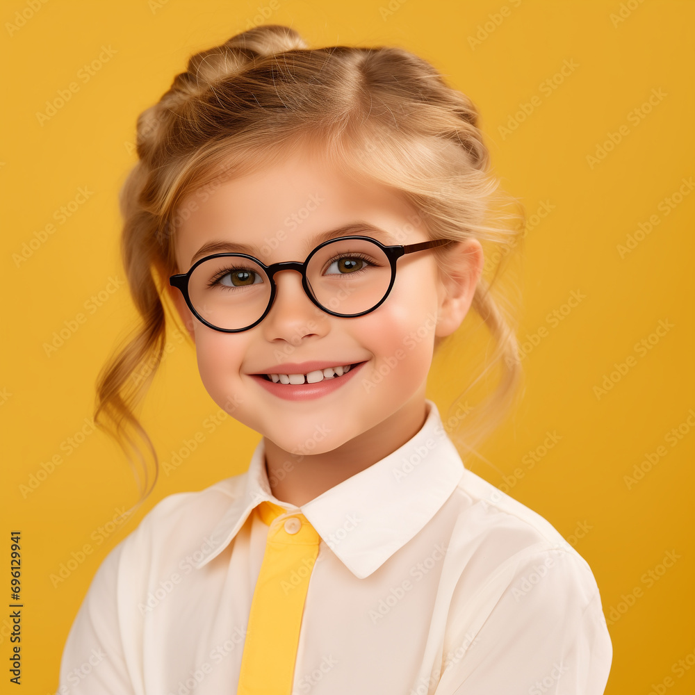 Pretty school girl kid 7 years in glasses, looking at camera, on the yellow background, studio shot. Back to school concept