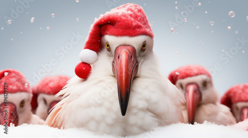 Close-up of a white birds in a Santa hat covered in snowflakes, looking directly at the camera, sitting in snow.  photo