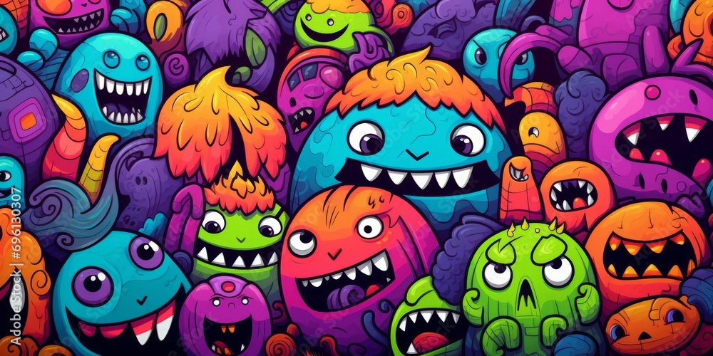 doodle cute and funny monsters on colorful background, Generative AI