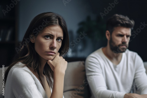 Offended young woman and man argument, сlose up upset wife in front and husband behind sits at sofa quarrel at home. Family conflict, crisis, psychological abuse, relationships concept