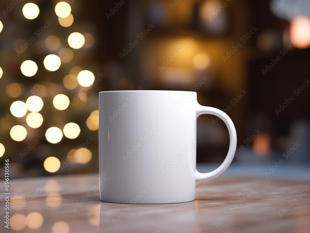 White mug on wooden table in the cafe, Mockup for design. White mug on wooden table in the cafe, Mockup for design.