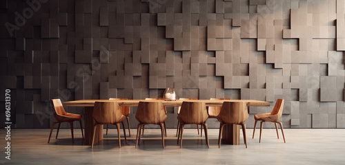 A dining area with a bold 3D cubic wall pattern and a minimalist wooden dining table set