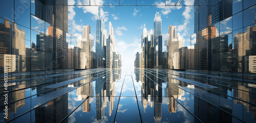 A downtown skyscraper with a 3D mirrored front, reflecting the city skyline