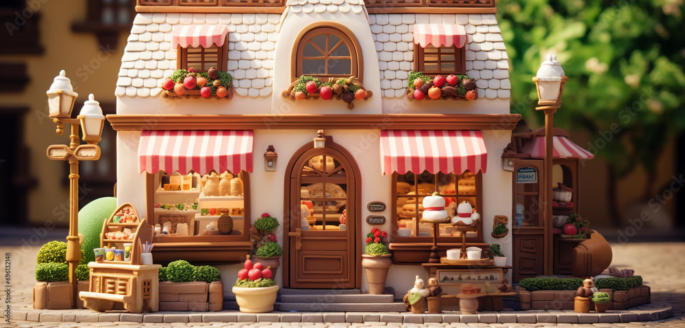 A small bakery with a charming 3D gingerbread-style front elevation