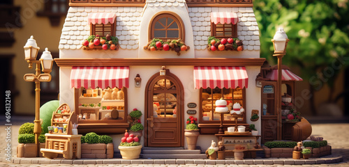 A small bakery with a charming 3D gingerbread-style front elevation