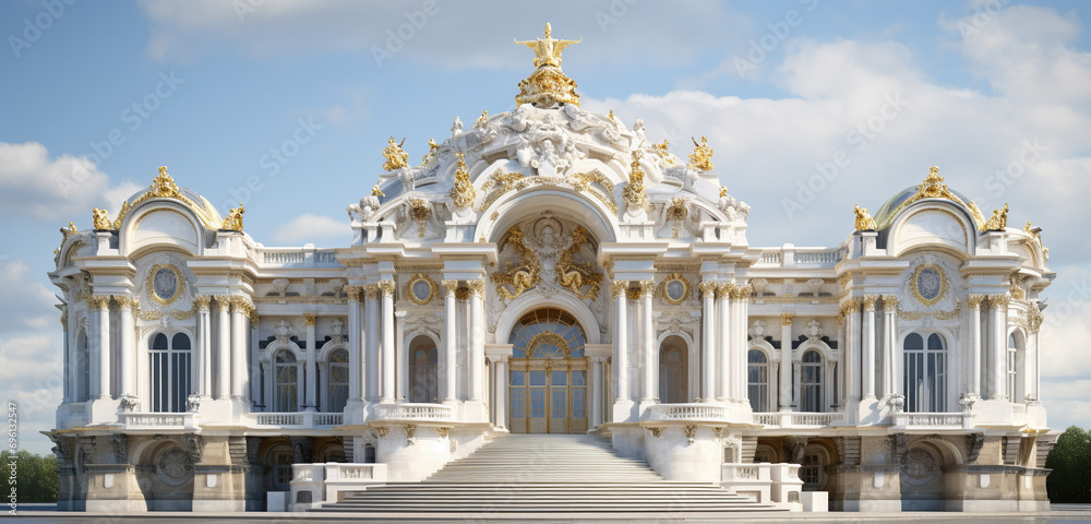 An opera house with an intricate 3D baroque style front elevation in white marble