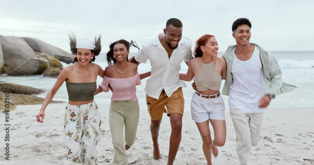Group, running and friends with vacation, beach and smile with weekend break, bonding or getaway trip. People, men or women with holiday, seaside or summer with journey, freedom or adventure with joy