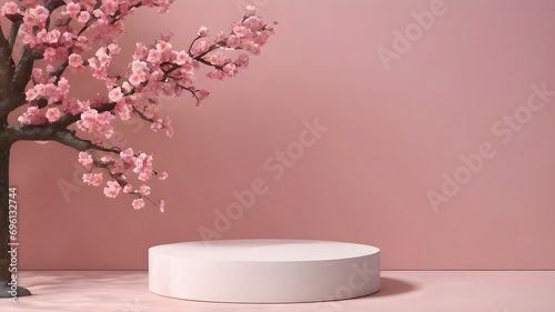 stone product podium with cherry blossom flowers on pink background. Spring mockup template display. Neutral asian aesthetic.