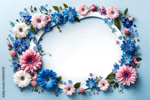 Floral frame with blue and pink flowers on a white background.
