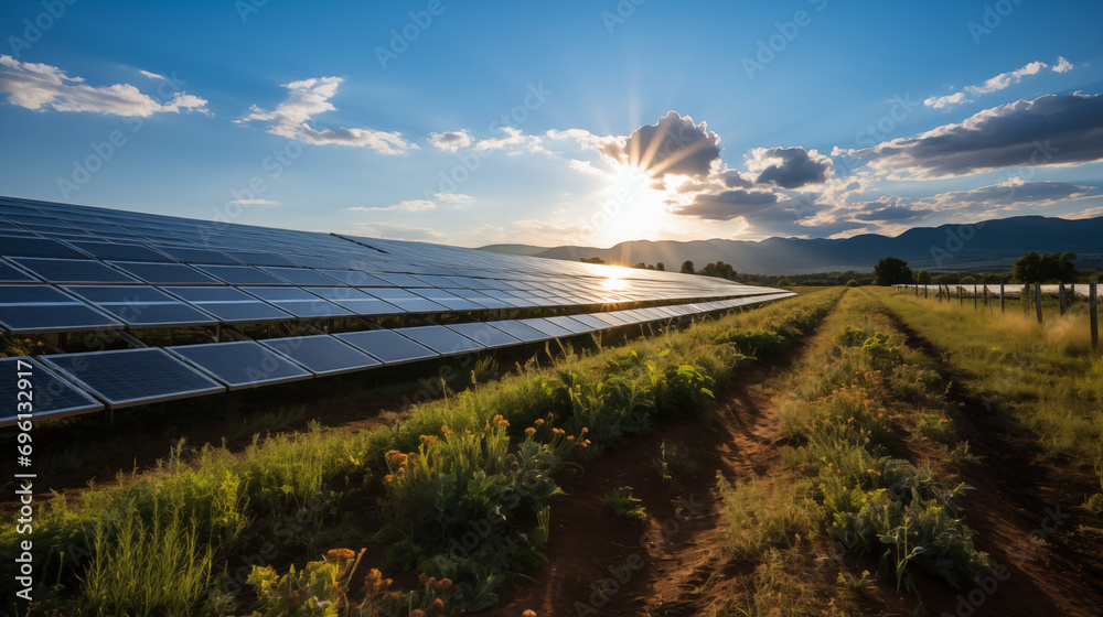 Obraz premium large sustainable electrical power plant with rows of solar photovoltaic panels for producing clean electric energy. Concept of renewable electricity with zero emission. 