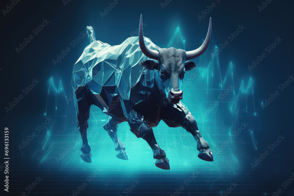 Obraz premium Metallic blue bull or bullish with market trend in crypto currency or stocks. Trade exchange background, up arrow graph for increase in rates.3d render illustration. Generative AI.