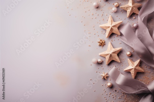 Lilac background with golden and beige stars and pearls and lilac bow and ribbon. Luxury holiday concept