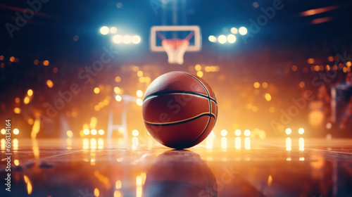 Basketball ball on the floor in basketball court. © red_orange_stock