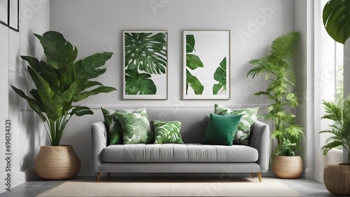modern living room with velvet green sofa ,interior wall mockup wall tones with ,with plants,mockup big frame of wall  ,tropical theme ,3d rending 