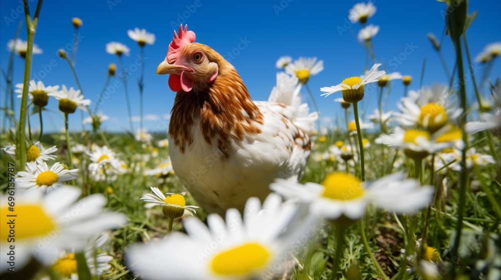 a large chicken stands in a meadow full of daisies