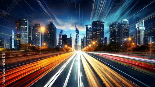 big city skyline and traffic lights blurred motion, skyscrapers and highway light trails at rush hour 