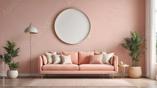 modern living room with pink sofa ,interior wall mockup wall tones with pastel pink colour ,with plants,mockup big frame of wall ,3d rending 