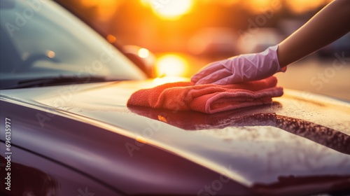 a hand wiping a car window with a towel photo