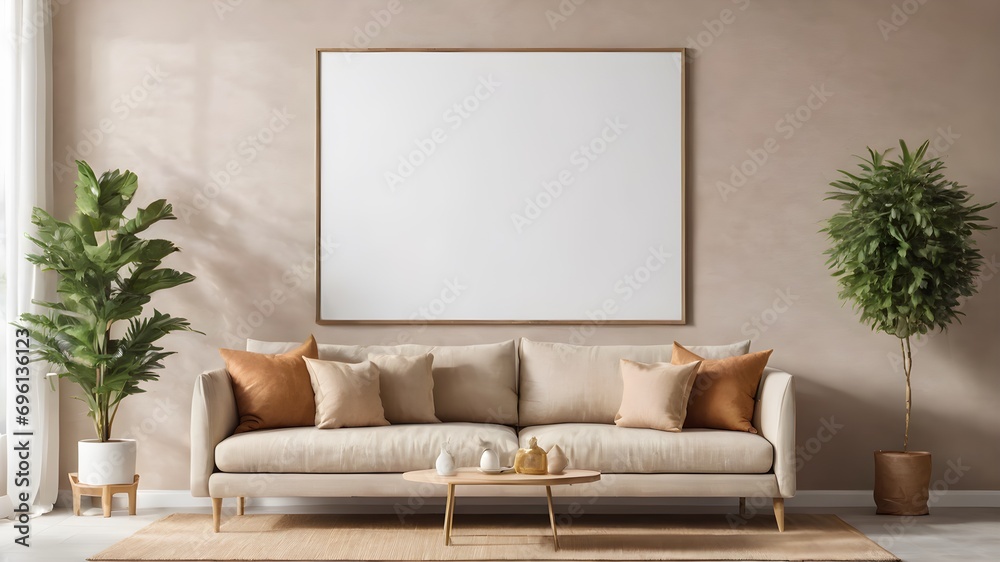 modern living room with curb light sofa chair ,interior wall mockup frame on the beige colour wall boho style ,with plants ,3d rending modern living room with curb light sofa chair ,interior wall mockup frame on the beige colour wall boho style ,with plants ,3d rending