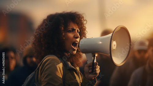 Angry female activist shouts protest over unfair treatment against her in the evening light, with several other protesters surrounding her.