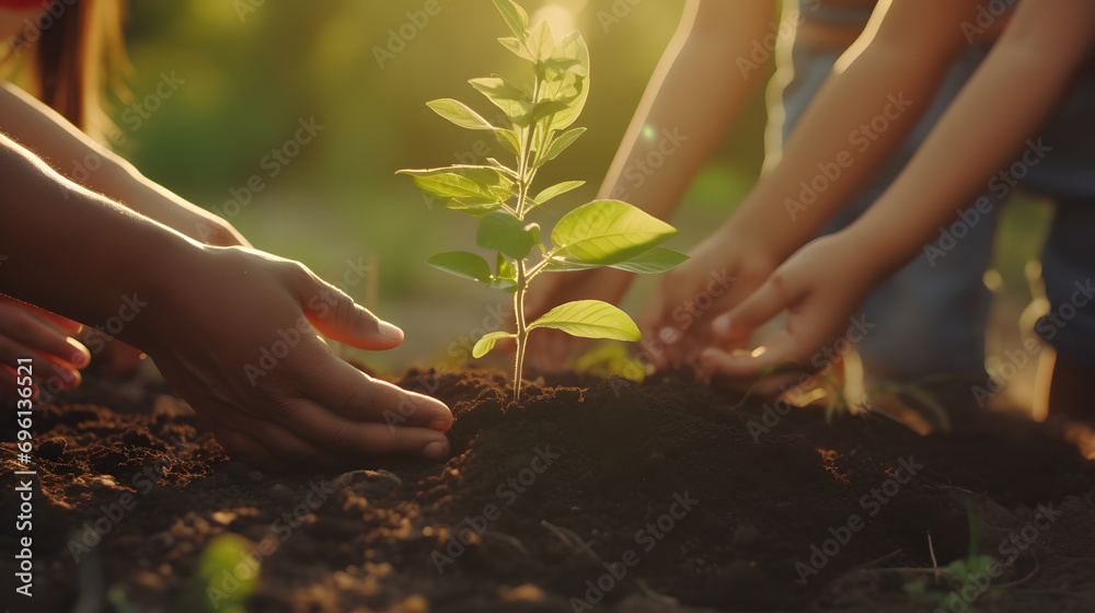 Fototapeta premium Close up of hand Diverse family planting trees, Family love expressed in working together to plant trees.