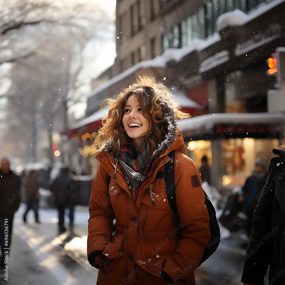 A happy woman wears a winter jacket,
walk on a snowy New York street.
Generative AI