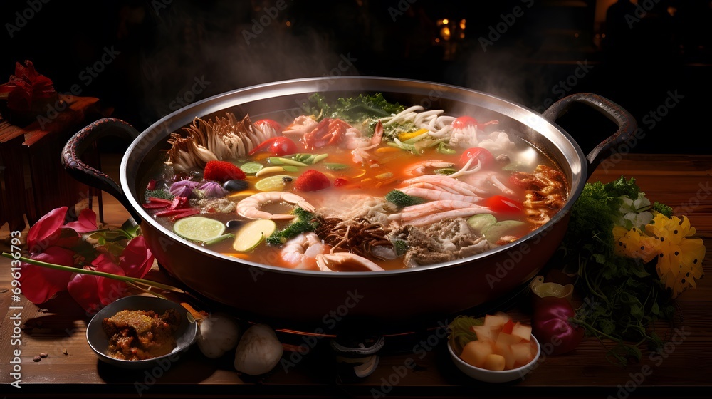 Hot pot meal. Hands taking food with chopsticks.